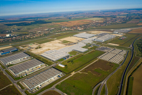 Aerial view : Industrial zone , Automotive Manufacturing Industry, PSA trnava , Slovakia 18.8.2020