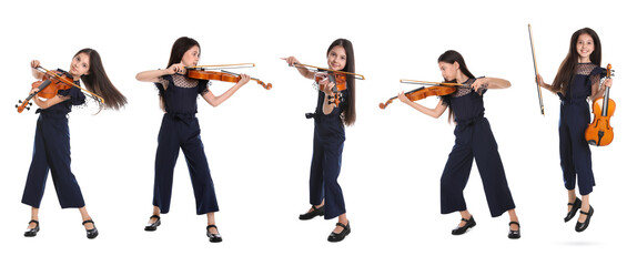 Collage with photos of preteen girl playing violin on white background, banner design