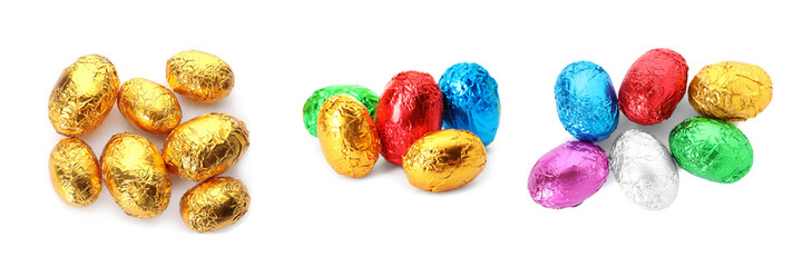 Set with chocolate eggs wrapped in bright foil on white background, banner design