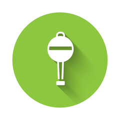 White Rattle baby toy icon isolated with long shadow. Beanbag sign. Green circle button. Vector.