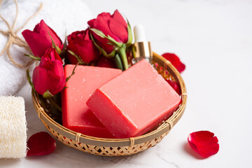 Rose handmade soap on marble background