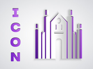 Paper cut Milan Cathedral or Duomo di Milano icon isolated on grey background. Famous landmark of Milan, Italy. Paper art style. Vector.