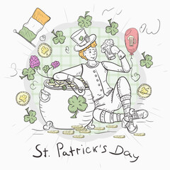 Outline illustration sticker banner in the style of childrens doodle for decorating designs on the theme of St. Patricks Day a guy in a leprechaun costume holds a mug of ale a pot of gold