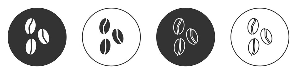 Black Coffee beans icon isolated on white background. Circle button. Vector.