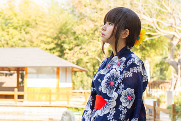 girl in japanese traditional casual summer costume kimono yukata