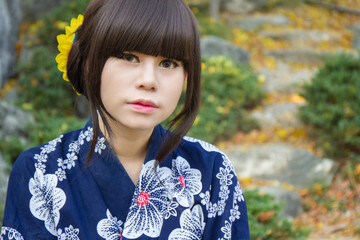 girl in japanese traditional casual summer costume kimono yukata