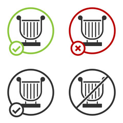 Black Ancient Greek lyre icon isolated on white background. Classical music instrument, orhestra string acoustic element. Circle button. Vector.