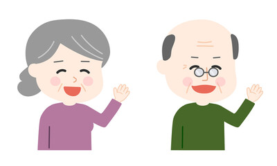 Elderly couple saying hello to someone with gestures. Vector illustration isolated on white background. © mikenoki