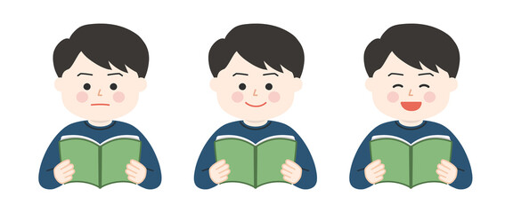 Man reading and holding open books with different expressions. Vector illustration isolated on white background.