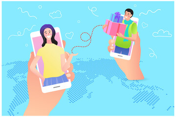 Couple chat on a cell phone. Girl communicates on the phone. Online chat man and woman. social network concept. Chat easily landing page website. illustration vector flat design.