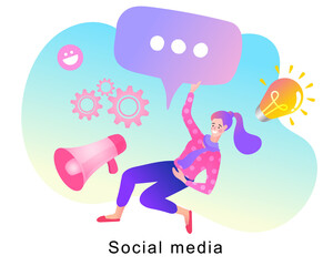 Concept of e-marketing, internet promo, digital promotion, online. Woman with megaphone or bullhorn. flat cartoon vector illustration.