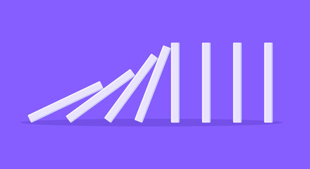 Domino effect business concept. Line in a row of falling board game blocks of dominoes flat style vector illustration. Business bankruptcy or crisis, risk chain reaction and finding solution metaphor.