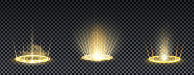 Gold hologram portal. Magic fantasy portal. Magic circle teleport podium with hologram effect. Vector gold glow rays with sparks on transparent background. © Elena