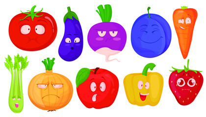 Set of hand-drawn vegetables and fruits in cartoon style, isolated on white background. Food characters with eyes and various emotions. Vector illustration