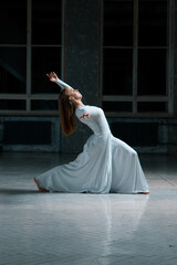 girl dancing in a white dress, classical, contemporary, ballet, dancer, long hair, general plan, long dress