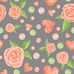 Fototapeta na wymiar Watercolor seamless pattern with romantic hearts and delicate flowers. Drawn roses, hydrangeas, delicate and pink hearts. Texture for scrapbooking, wrapping paper, invitations.