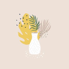 Collage of floral and abstract shape, sticker, design element, plant, leaves, hand drawn in trendy doodle style. Vector illustrations for paper, cover, fabric, interior decor. elements are isolated