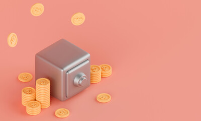 3d rendering isometric safe with stack of coins on pink background.