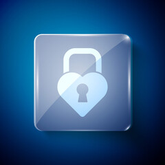 White Castle in the shape of a heart icon isolated on blue background. Locked Heart. Love symbol and keyhole sign. Square glass panels. Vector.