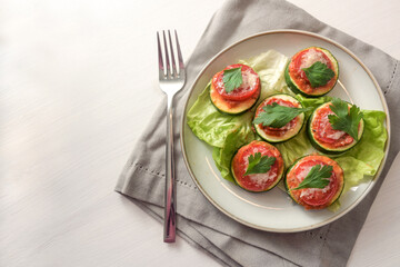 Oven baked zucchini slices with tomato, parmesan cheese and parsley garnish on a plate with lettuce, gray napkin on a white painted table with copy space, high angle view from above