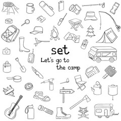 Big vector set of camping elements, hand-drawn in doodle style