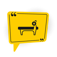 Black Bench with barbel icon isolated on white background. Gym equipment. Bodybuilding, powerlifting, fitness concept. Yellow speech bubble symbol. Vector.