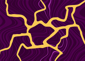 Abstract golden lines on a burgundy stone background in the Japanese kintsugi style. Modern vector background.