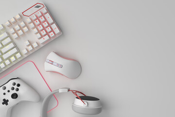 Top view of gamer workspace and gear like mouse, keyboard, joystick, headset © Vasyl Onyskiv