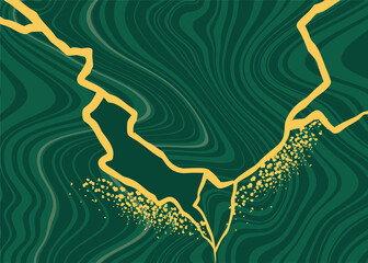 Abstract golden lines on a green stone background in the Japanese kintsugi style. Modern vector background.