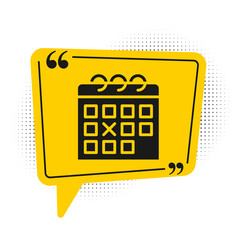Black Calendar fitness icon isolated on white background. Training schedule. Yellow speech bubble symbol. Vector.
