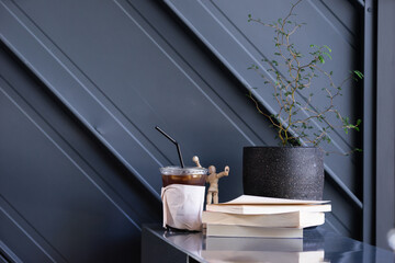 Reading corner in living room with coffee.