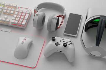 Top view of gamer workspace and gear like mouse, keyboard, joystick, headset, VR © Vasyl Onyskiv