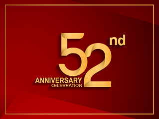 52 anniversary celebration logotype golden color isolated on red color can be use for celebration, invitation, greeting card and special event