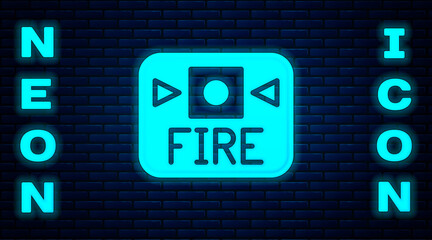 Glowing neon Fire alarm system icon isolated on brick wall background. Pull danger fire safety box. Vector.