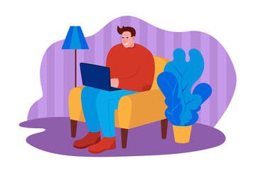 Happy freelance worker working with laptop at home. Vector illustration in flat style