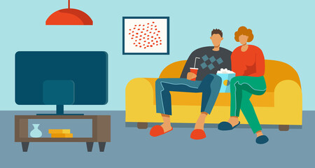 Happy family sitting on sofa and watching TV in the living room. Vector flat style illustration.