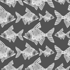 A pattern of a gray carps. Graphic seamless pattern of a flock of gray fish. Carp fishing. Hand-drawn texture of the ornament on a black background. For textiles, packaging, wallpaper, sites, cards.