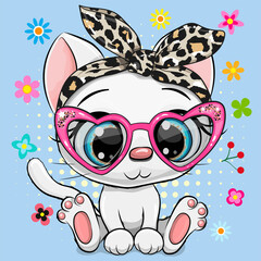 Cartoon white Kitten with a bow and glasses on a blue background