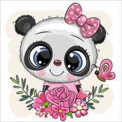Cartoon Panda with flowers with a bow