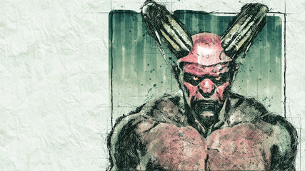 Scary, terrible powerful demon, devil, imp, monster with twisted horns, luminous eyes, muscle hillocks in sketch, comic - manga  style. Fictional character, medium shot, looking at camera © z-ifcom