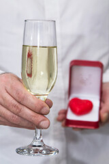 celebration of February 14 Valentine's Day with champagne and heart in hand