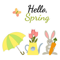 Hello Spring card vector illustration with tulips in a watering can, a hare with a carrot, a butterfly and an umbrella. Perfect for greeting card, poster, scrapbook, invitation, napkins.