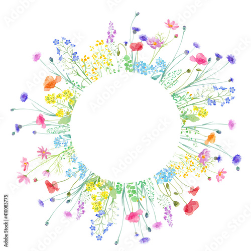 Fototapete 春の野原に咲く草花の水彩イラスト 円形フレームデザイン Keikotakamatsu