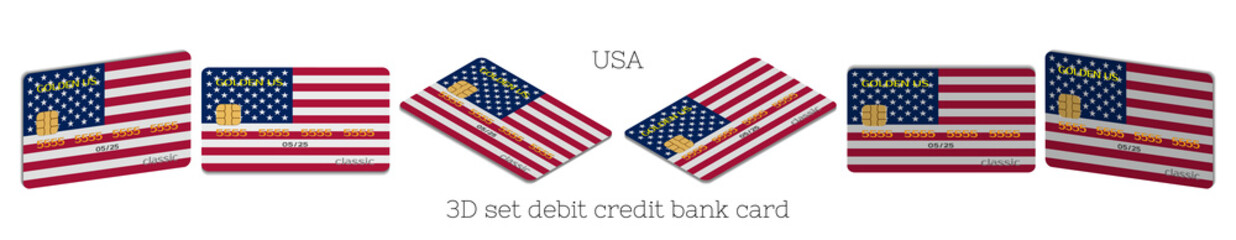3D set of plastic bank cards with the USA flag in six projections and a shadow on white background. EPS10