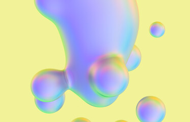 Abstract 3d art background. Holographic floating liquid blobs, soap bubbles, metaballs.
