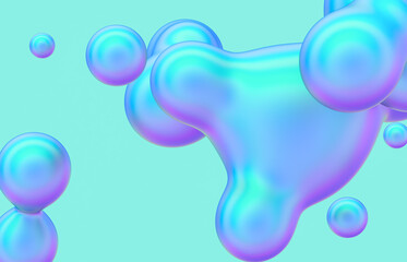 Abstract 3d art background. Holographic floating liquid blobs, soap bubbles, metaballs.