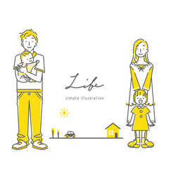 両親と子供２人の4人家族のイラスト　シンプルでおしゃれな線画　2色　ライフスタイル