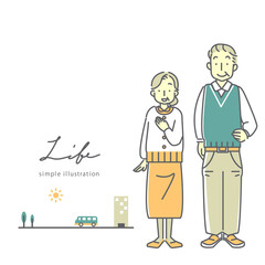 simple pastel color illustration of happy senior couple, line art