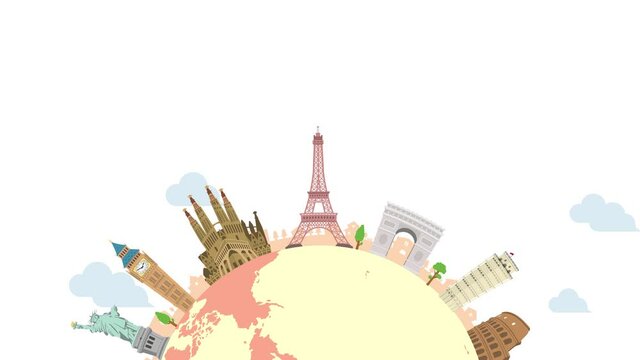 Travel, vacation, sightseeing animation banner (4K) . World heritage and world famous buildings. no text version..