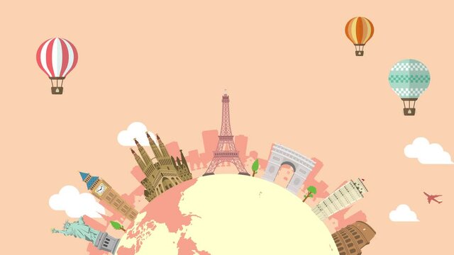 Travel, vacation, sightseeing animation banner (4K) . World heritage and world famous buildings. no text version..